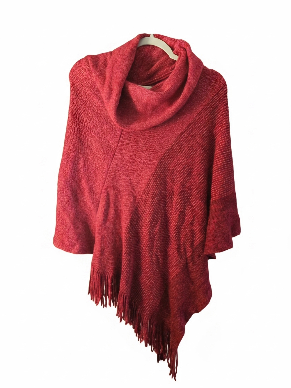 Chico's Red Cowl-Neck Fringed Poncho